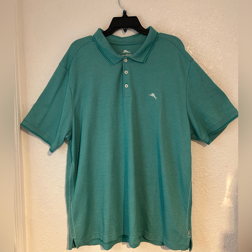 Tommy Bahama Mens Green, Striped, Short Sleeve, 3 Buttoned Polo Shirt, XXL
